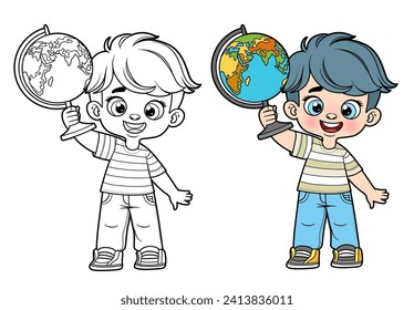 Cute cartoon boy holding the globe color and outlined for coloring page