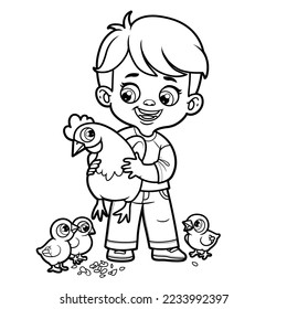 Cute cartoon boy holding a hen in hands surrounded by chickens outlined for coloring page on white background