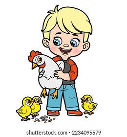 Cute cartoon boy holding a hen in hands surrounded by chickens color variation for coloring page on white background