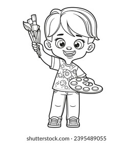 Cute cartoon boy holding the palette with paints and brushes in hands outlined for coloring page on a white background