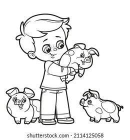 Cute cartoon boy holding a pig outlined for coloring page on white background