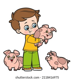 Cute cartoon boy holding a pig color variation for coloring page on white background