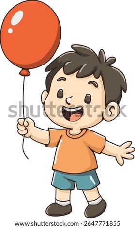 Cute cartoon boy holding a red balloon and smiling happily