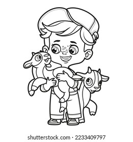 Cute cartoon boy holds a little goat in arms outlined for coloring page on white background