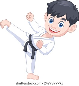 süß cartoon junge im karate anzug tun karate pose