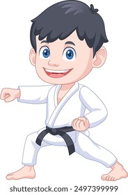 süß cartoon junge im karate anzug tun karate pose