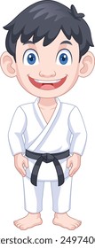 süß cartoon junge im karate anzug tun karate pose