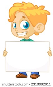 Cute cartoon boy kid holding blank paper. Vector ilustration