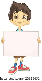 Cute cartoon boy kid holding blank paper. Vector ilustration