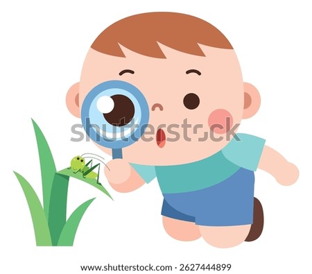 A cute cartoon boy kneeling and observing a green insect through a magnifying glass. A perfect illustration for children’s educational content focused on nature and discovery.
