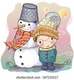 Cute Cartoon Boy in a knitted cap and a coat and snowman