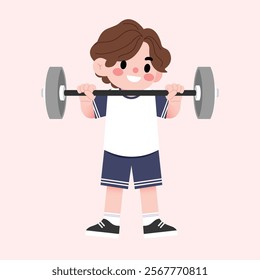 Cute Cartoon Boy Lifting Weights Child Fitness Strength Training Illustration