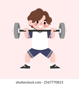 Cute Cartoon Boy Lifting Weights Fitness Exercise Child Athlete Strength Training Illustration