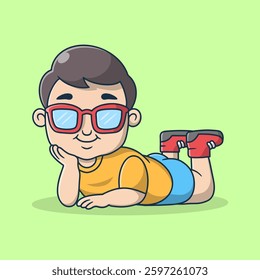 Cute cartoon boy mascot character with sunglasses in relax pose