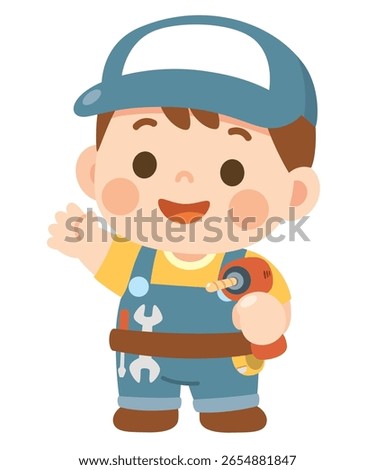 Cute Cartoon Boy Mechanic with Tools and Cap