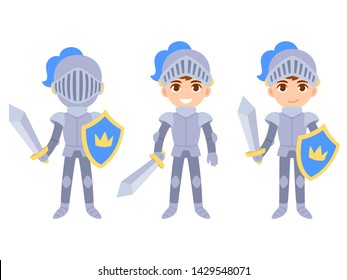 Cute Cartoon Boy In Medieval Knight Costume. Kid In Body Armor With Sword And Shield. Isolated Vector Clip Art Illustration Set.