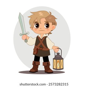 Cute cartoon boy in medieval style clothes with a sword and a lantern in his hand.