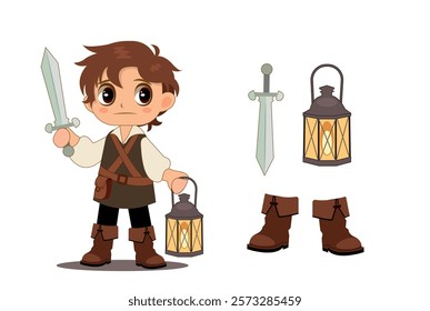 
Cute cartoon boy in medieval style clothes with a sword and a lantern in his hand. A set of medieval clothing elements, a sword, a lantern, and high boots.