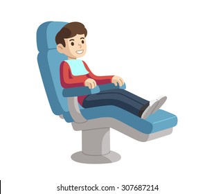 Cute Cartoon Boy On Dental Checkup Smiling In Chair.