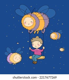 Cute cartoon boy on a swing. The Little Prince and the bees.