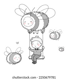 Cute Cartoon Junge auf einer Schaukel. Der kleine Prinz und die Bienen.