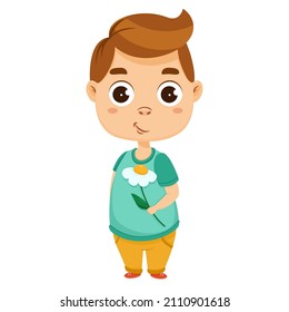 Cute cartoon boy with one flower. Vector character isolated on white background.