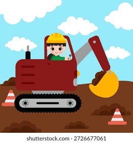 Lindo niño de dibujos animados operando una excavadora en un sitio de construcción