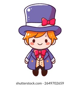 A cute cartoon boy with orange hair, wearing a purple magician outfit and a big top hat with a red bow. Perfect for magic-themed illustrations, children’s books, or whimsical characters.
