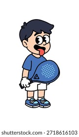 A cute cartoon boy with a padel racket, looking excited to play sports. Padel Paddle Tennis Retro Mascot Characters.