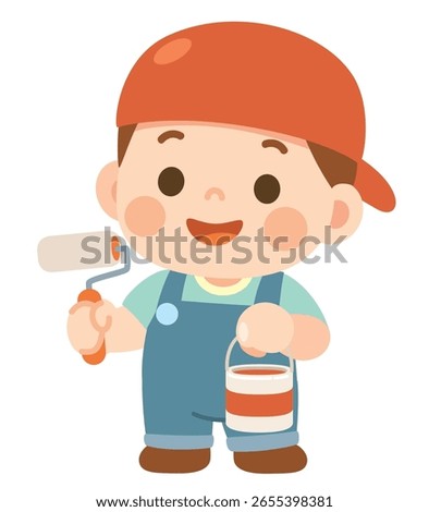 Cute Cartoon Boy Painter with Roller and Paint Bucket