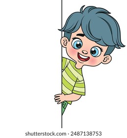 Cute cartoon boy peeking out from behind a big white poster color variation on a white background. Image produced without the use of any form of AI software at any stage.