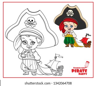 Cute cartoon boy in pirate costume and huge hat holding a ship model on rope color and outlined isolated on white background