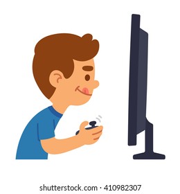 Cute cartoon boy playing games in front of screen. Children and videogames illustration.