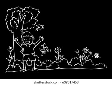 Cute cartoon boy playing happily at the garden.