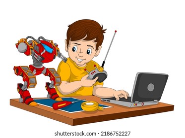 Cute cartoon boy playing and repairing robot in front of table with laptop and blueprint board.