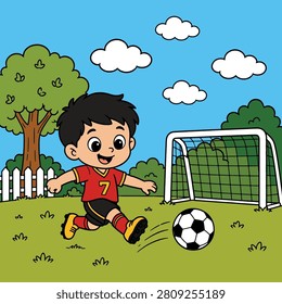 Cute cartoon boy playing soccer in the park