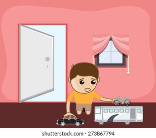 Cute Cartoon Boy Playing with Toys