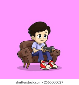 Cute Cartoon Boy Playing Video Game with a Controller