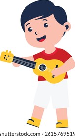 Cute cartoon boy playing yellow guitar with a happy smile. Perfect for music education, kids content, school posters, or joyful creative illustrations for children’s themes.