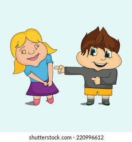 Cute cartoon boy pointed his finger to a smiling  girl cartoon.