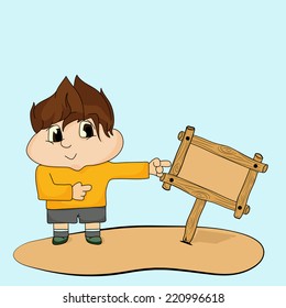Cute Cartoon Junge, der mit dem Finger auf ein Holzbrett auf blauem Hintergrund zeigt.