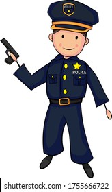 Cute Cartoon Boy in Policeman Costume. With shadow tone. Flat color. Vector EPS 10.  Isolated. 