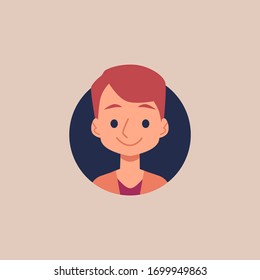 Cute cartoon boy portrait - isolated flat drawing of little school kid smiling with kind expression inside circle frame. Male child avatar - vector illustration.