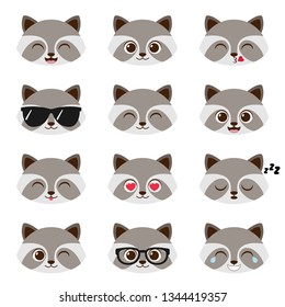 Cute cartoon boy raccoon with different expressions. Vector set of male racoon emojis