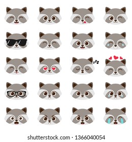 Cute cartoon boy raccoon with different expressions. Vector set of male racoon emojis