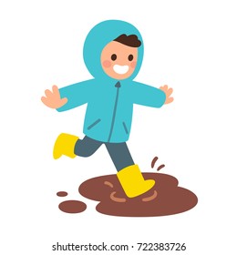 Cute cartoon boy in raincoat and rubber boots jumping in muddy puddles. Happy kid playing in dirt. Flat style vector illustration.