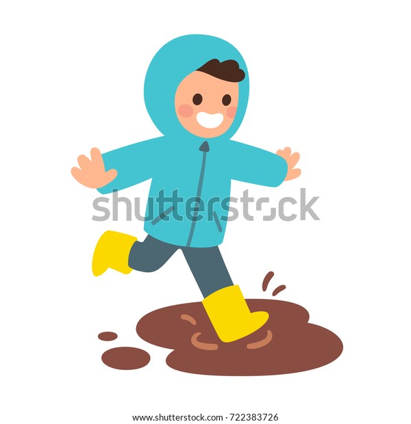 レインコートを着たかわいい漫画の少年とゴムのブーツが泥の中で跳び上がる うれしい子供が土遊びをしている フラットスタイルのベクターイラスト のベクター画像素材 ロイヤリティフリー