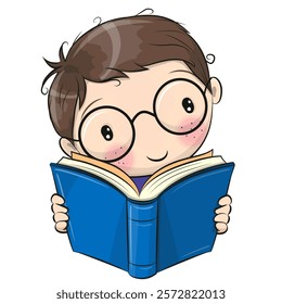 Cute cartoon boy is reading a book isolated on white background