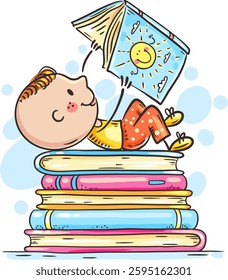 Cute cartoon boy reading a book, little child with book, boy lies on a stack of books