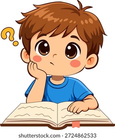 Cute cartoon boy reading a book with a thoughtful expression. Educational illustration for children, learning concepts, school projects, stickers, and educational stock designs.